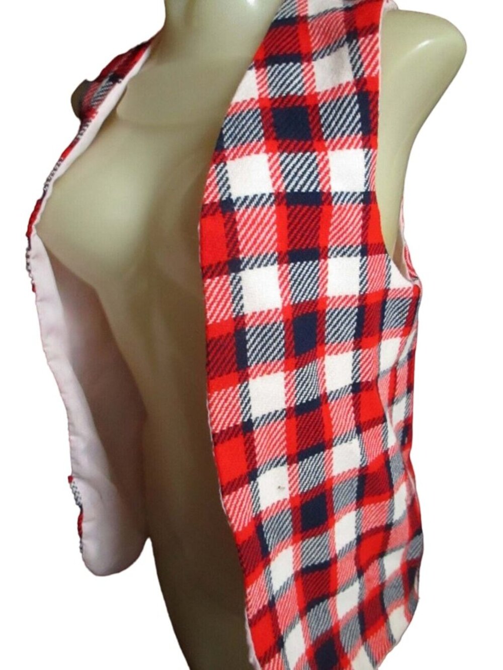 Vintage 1970s Womens Plaid Vest Small Open Front Red Checker Mod Hippy USA Made